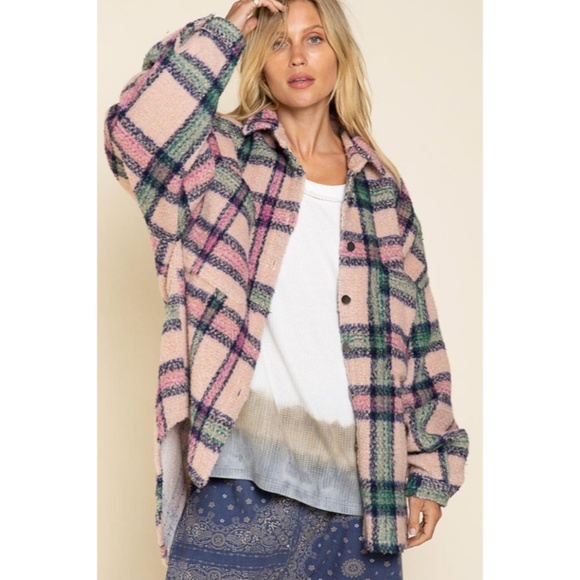 SOLD OUT Pink Plaid Distressed Boho Oversized Shacket - Picture 5 of 9